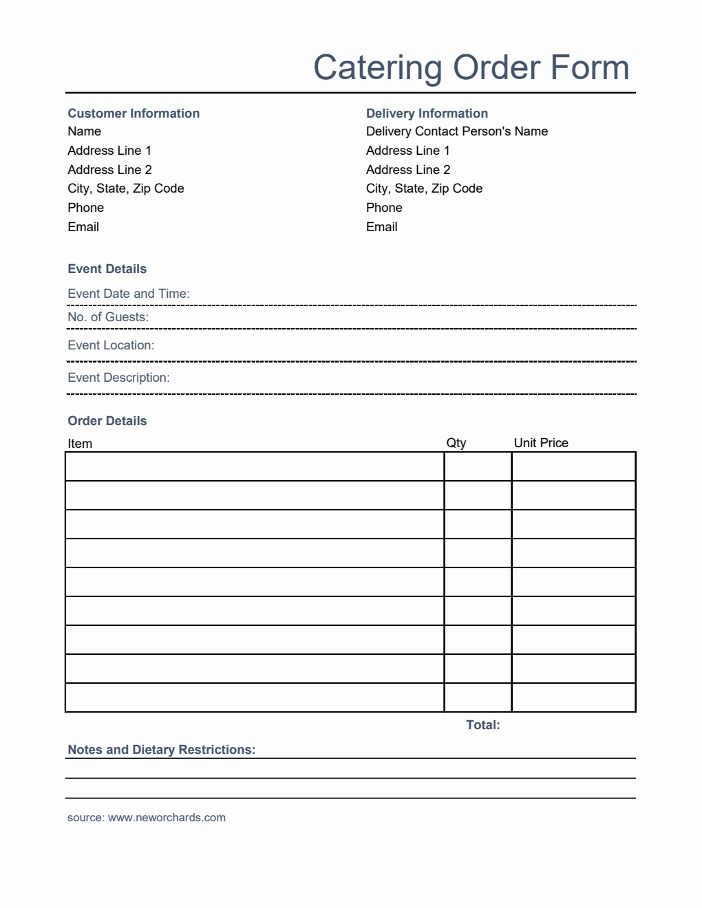 Blank Catering Order Form Template in Excel