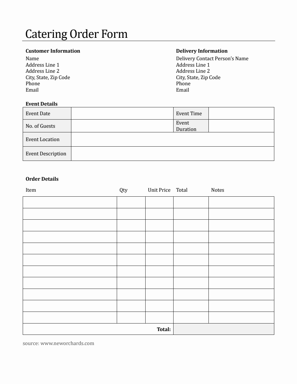Editable Catering Order Form Template in Word