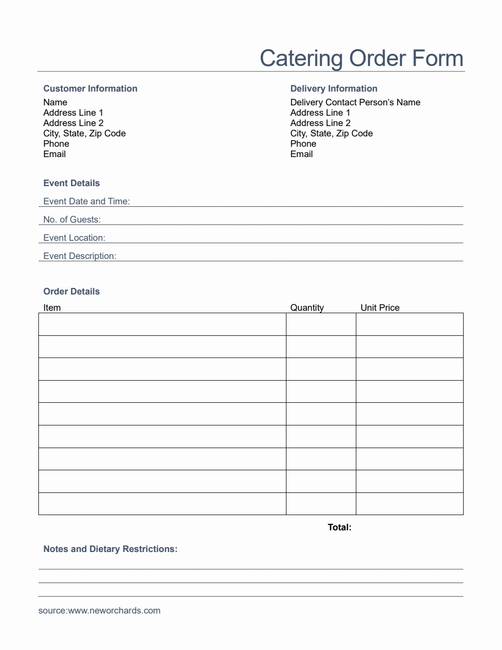 Blank Catering Order Form Template in Word
