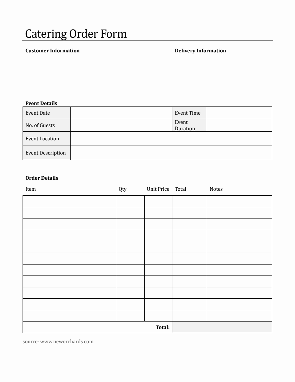 Editable Catering Order Form Template in PDF