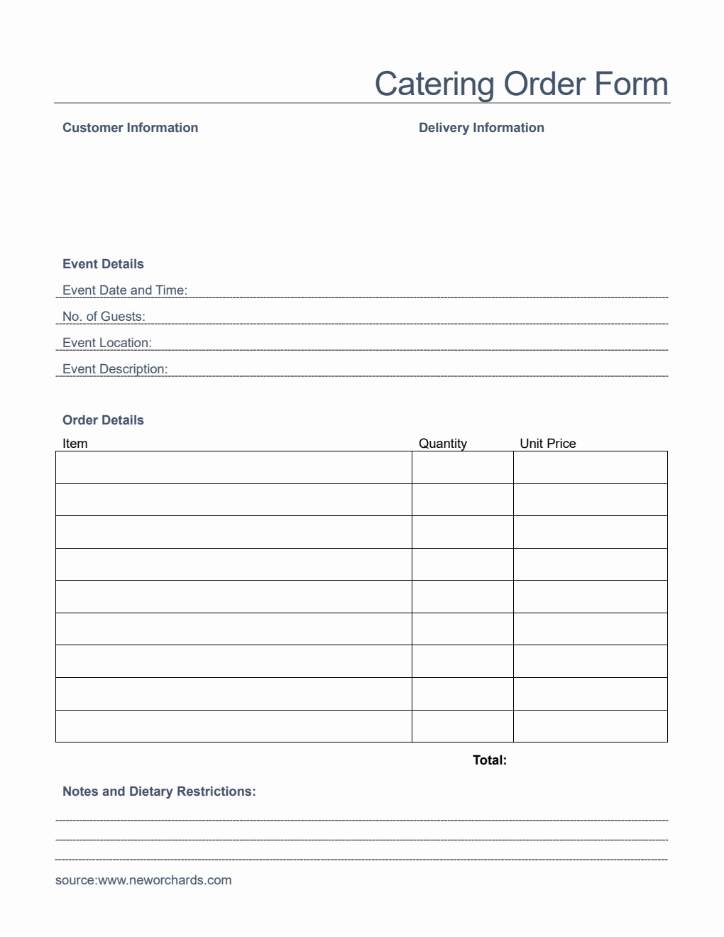 Blank Catering Order Form Template in PDF