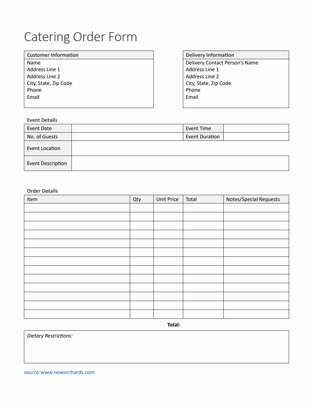 Basic Catering Order Form Template in Word