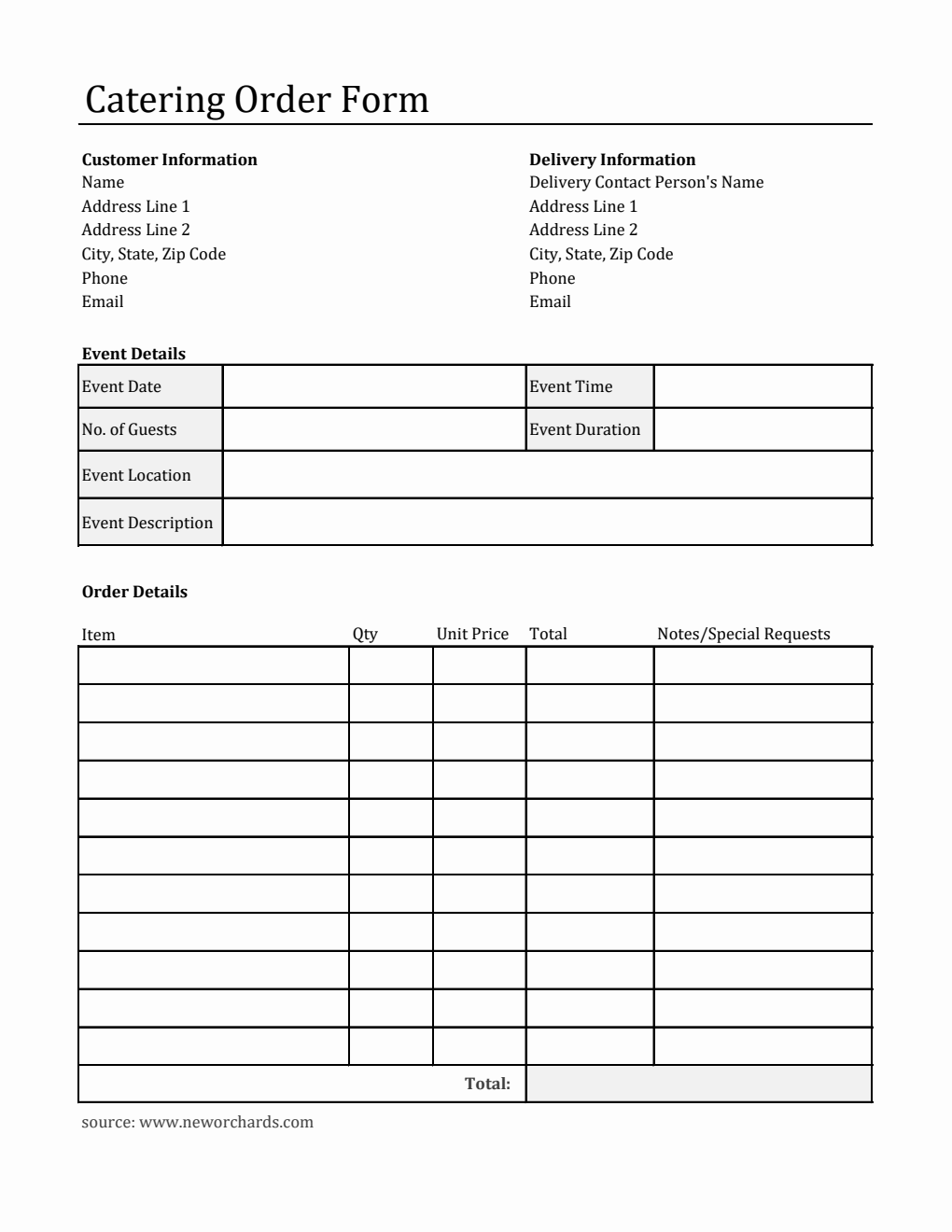 Editable Catering Order Form Template in Excel