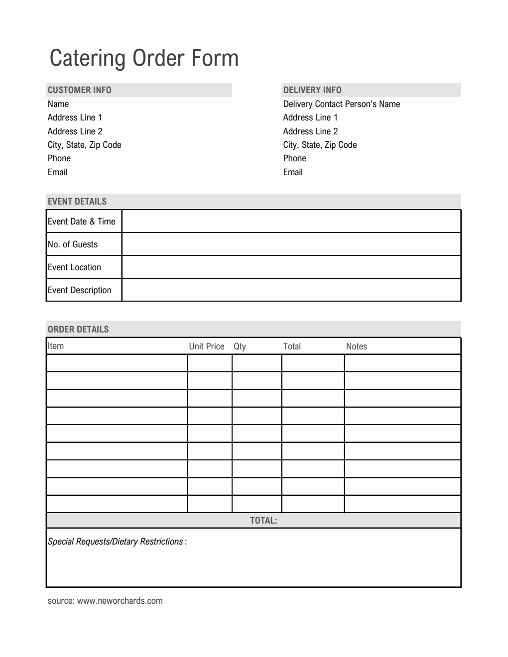 Simple Catering Order Form Template in Excel