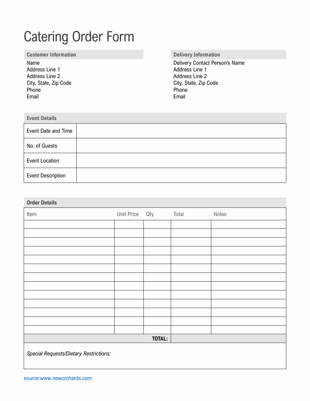 Simple Catering Order Form Template in Word