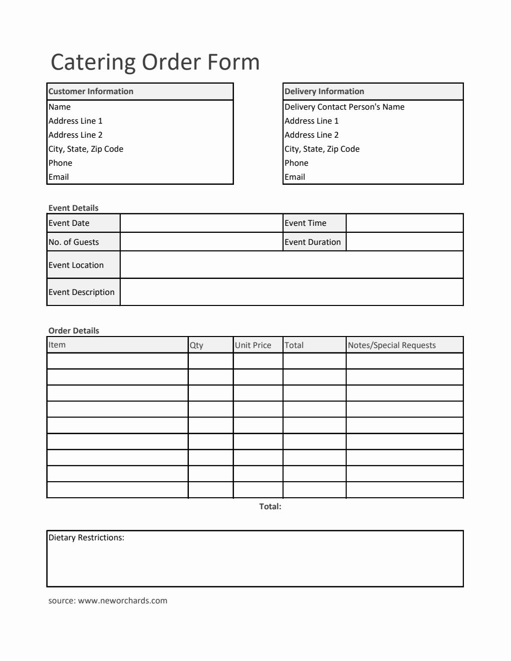 Basic Catering Order Form Template in Excel