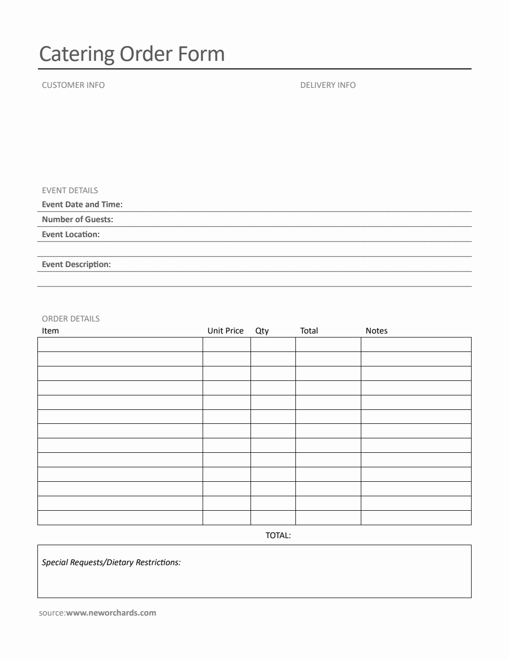 Printable Catering Order Form Template in PDF