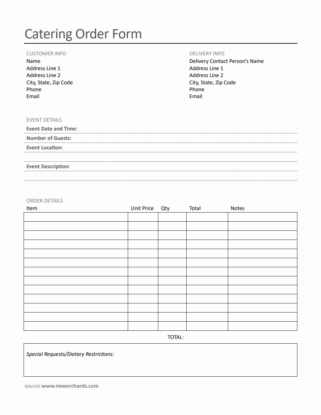 Printable Catering Order Form Template in Word