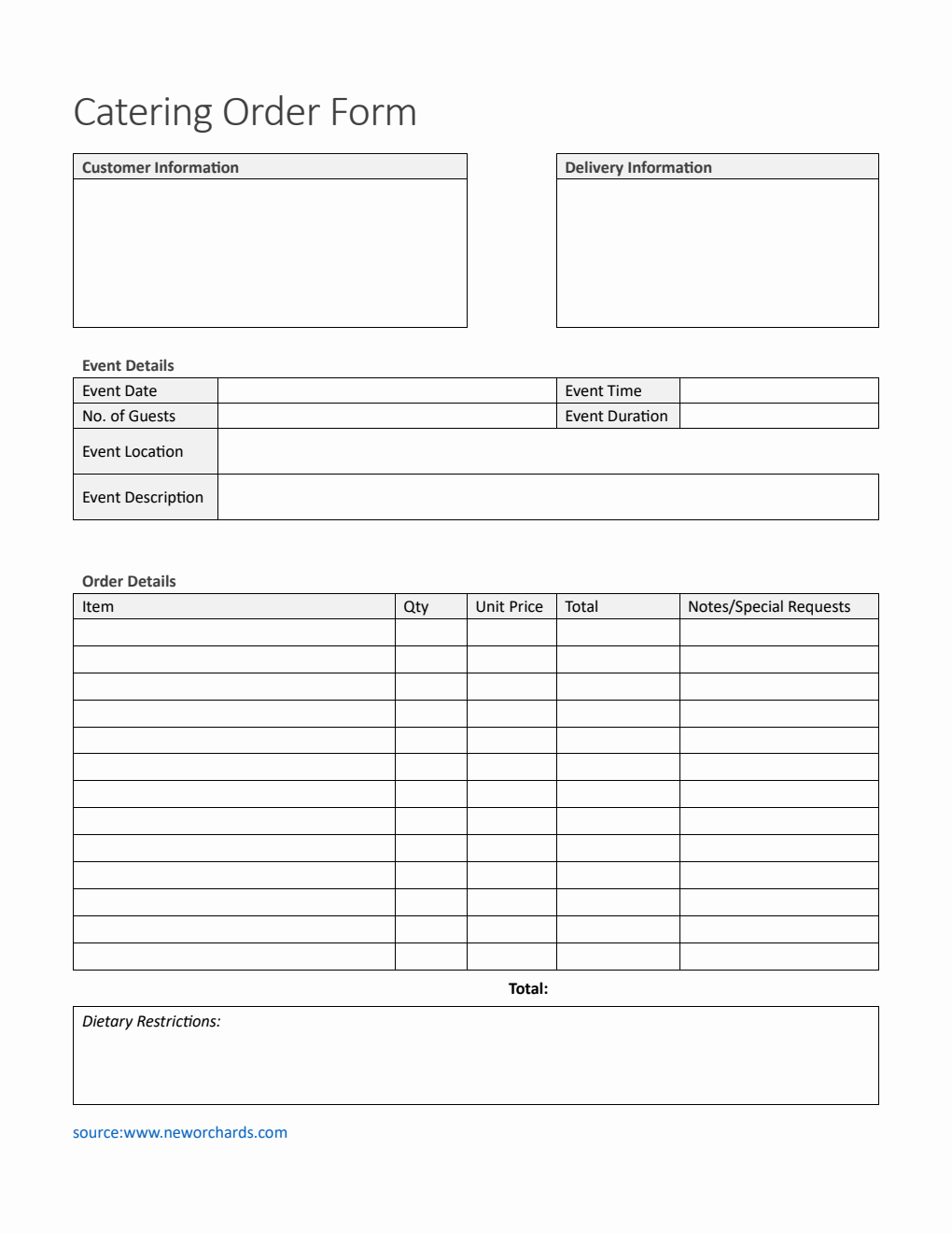 Basic Catering Order Form Template in PDF