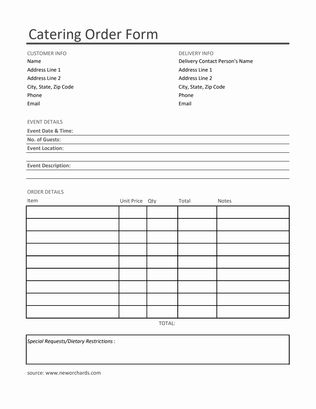 Printable Catering Order Form Template in Excel