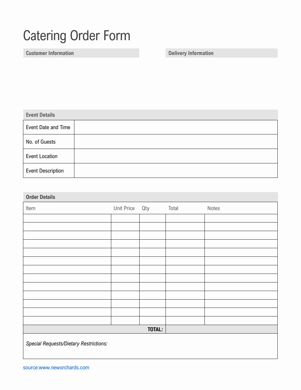 Simple Catering Order Form Template in PDF