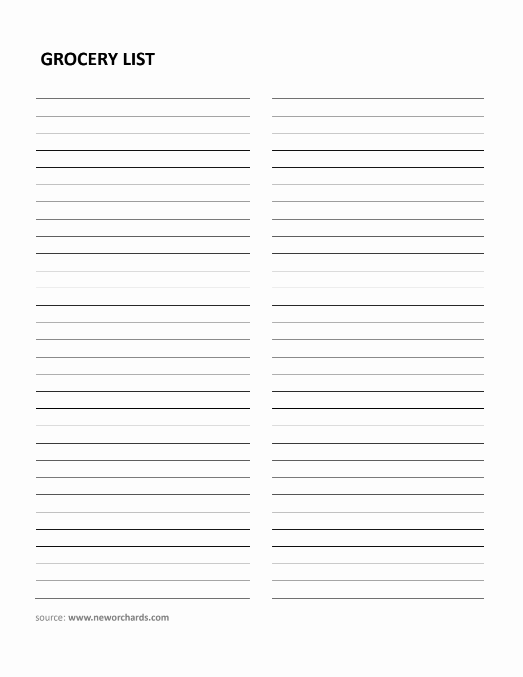 Blank Grocery List Template in Word