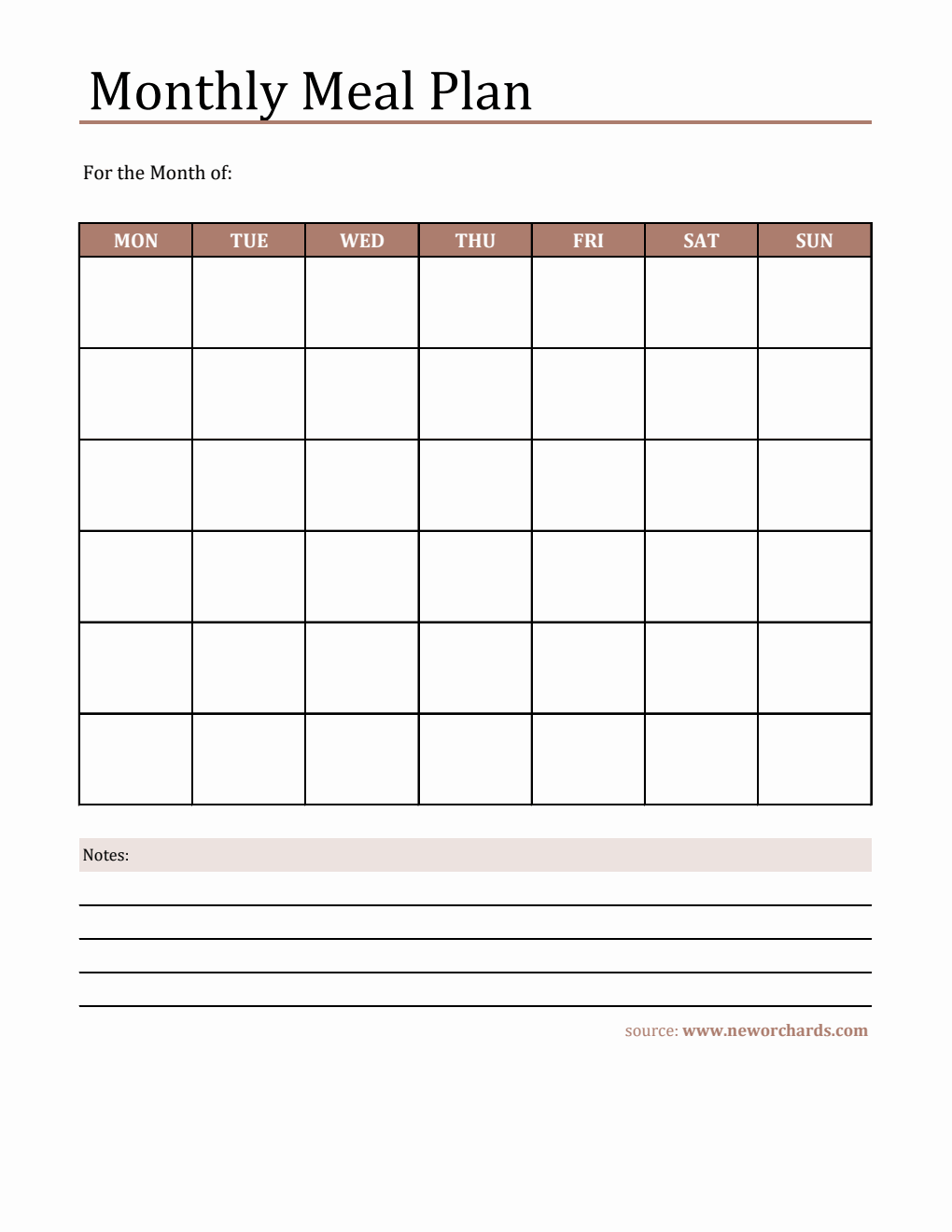 Downloadable Monthly Meal Plan Template - Excel