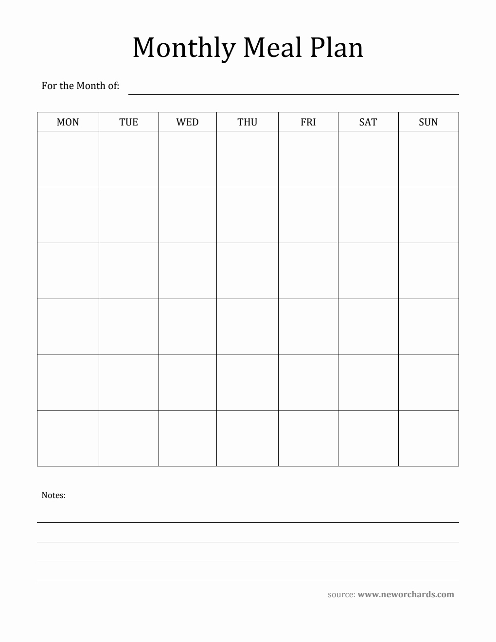 Printable Monthly Meal Plan Template - Word
