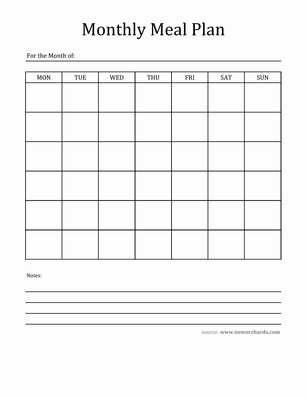 Printable Monthly Meal Plan Template - Excel