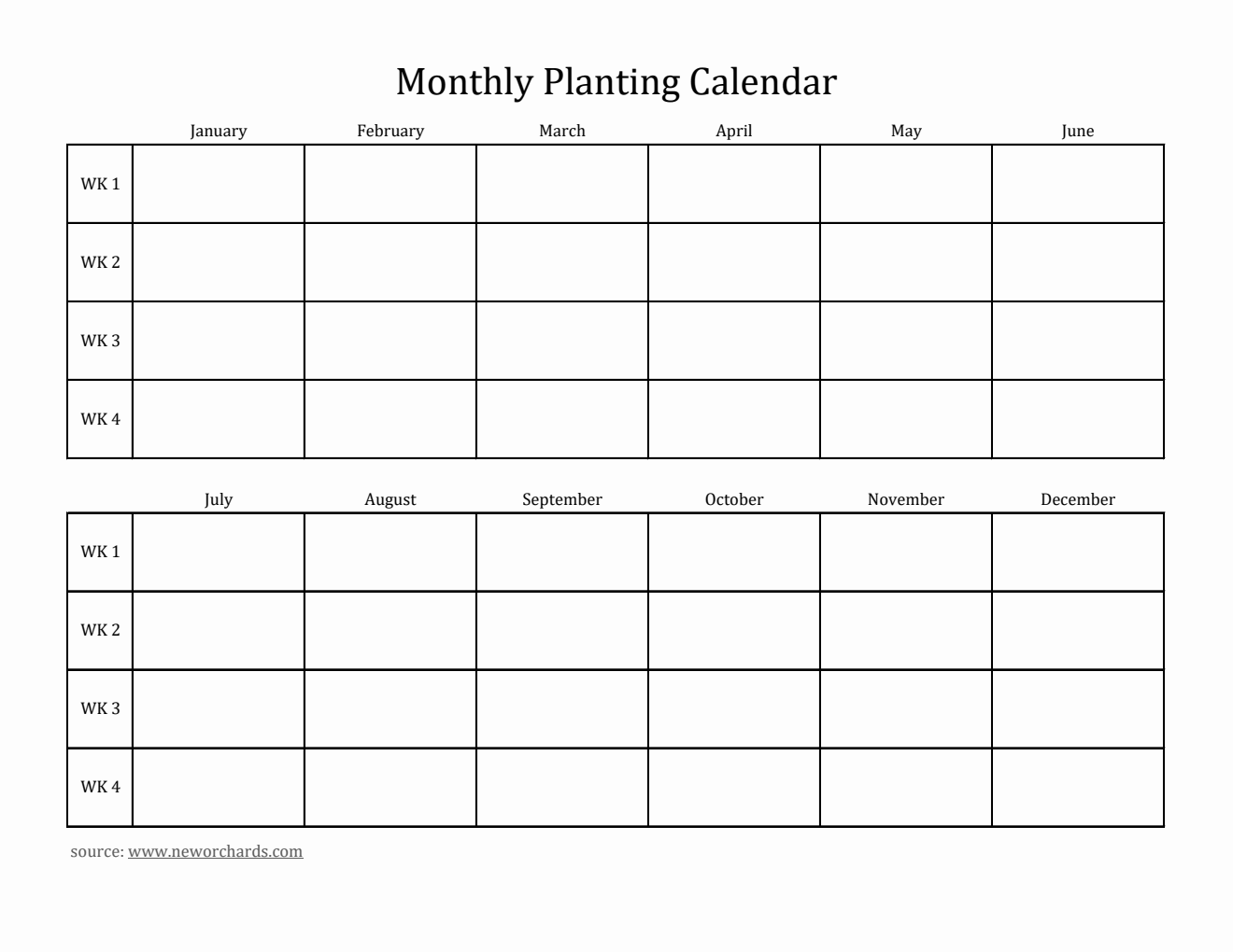 Blank Monthly Planting Calendar in Excel
