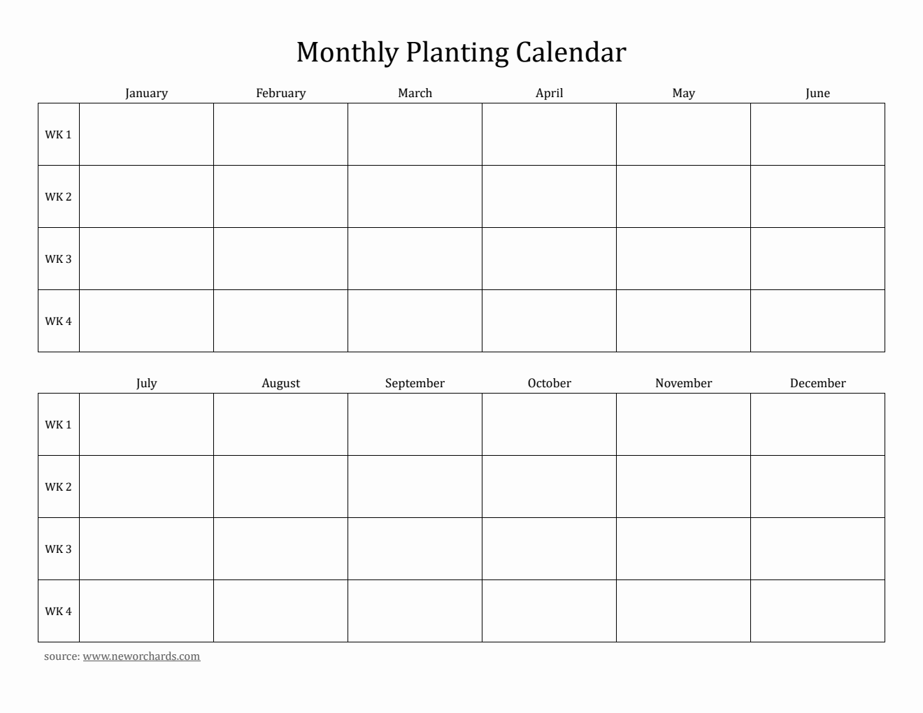 Blank Monthly Planting Calendar in PDF