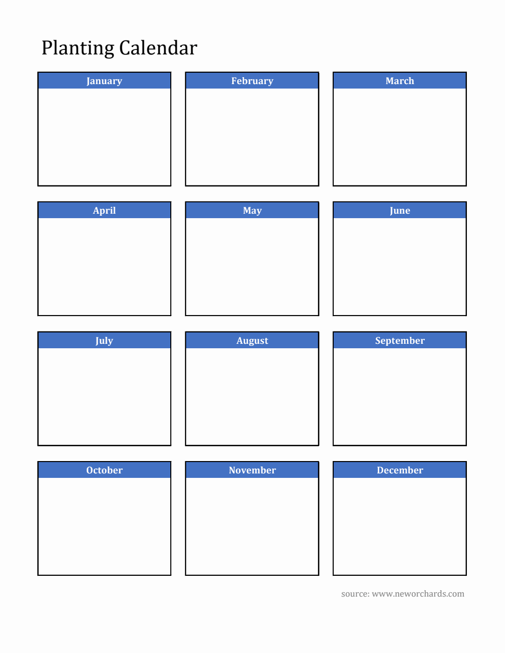 Blank Planting Calendar in Excel