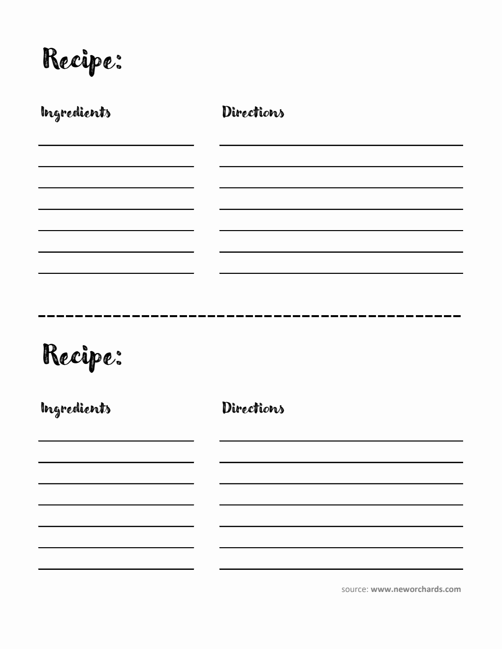 Printable Recipe Card Template - Excel (Plain)