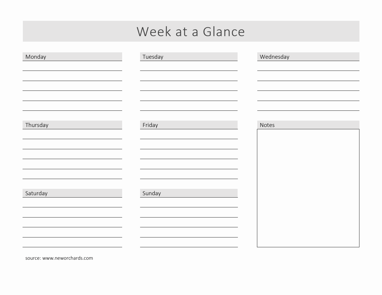 Blank Week at a Glance Template (PDF)