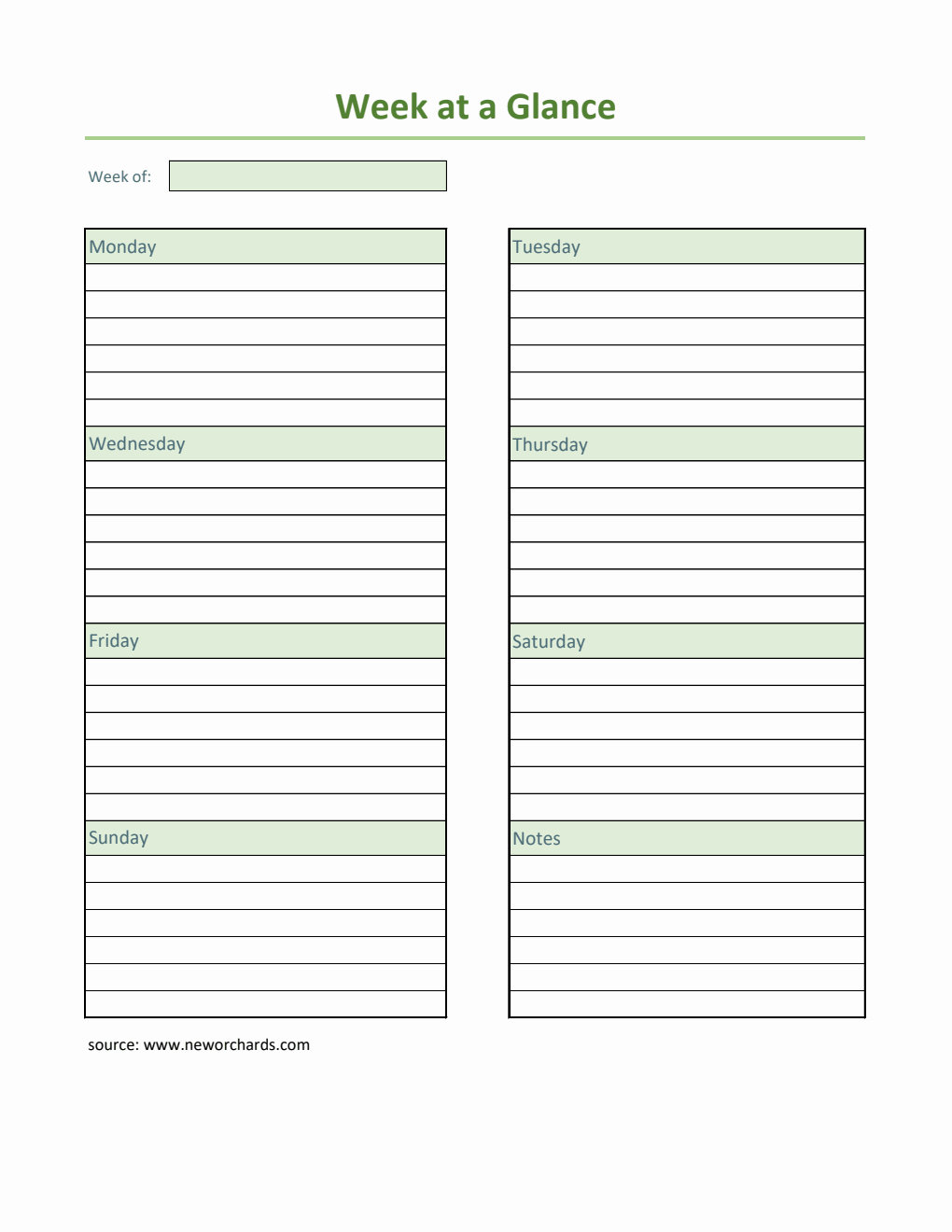 Week at a Glance Template (Excel)