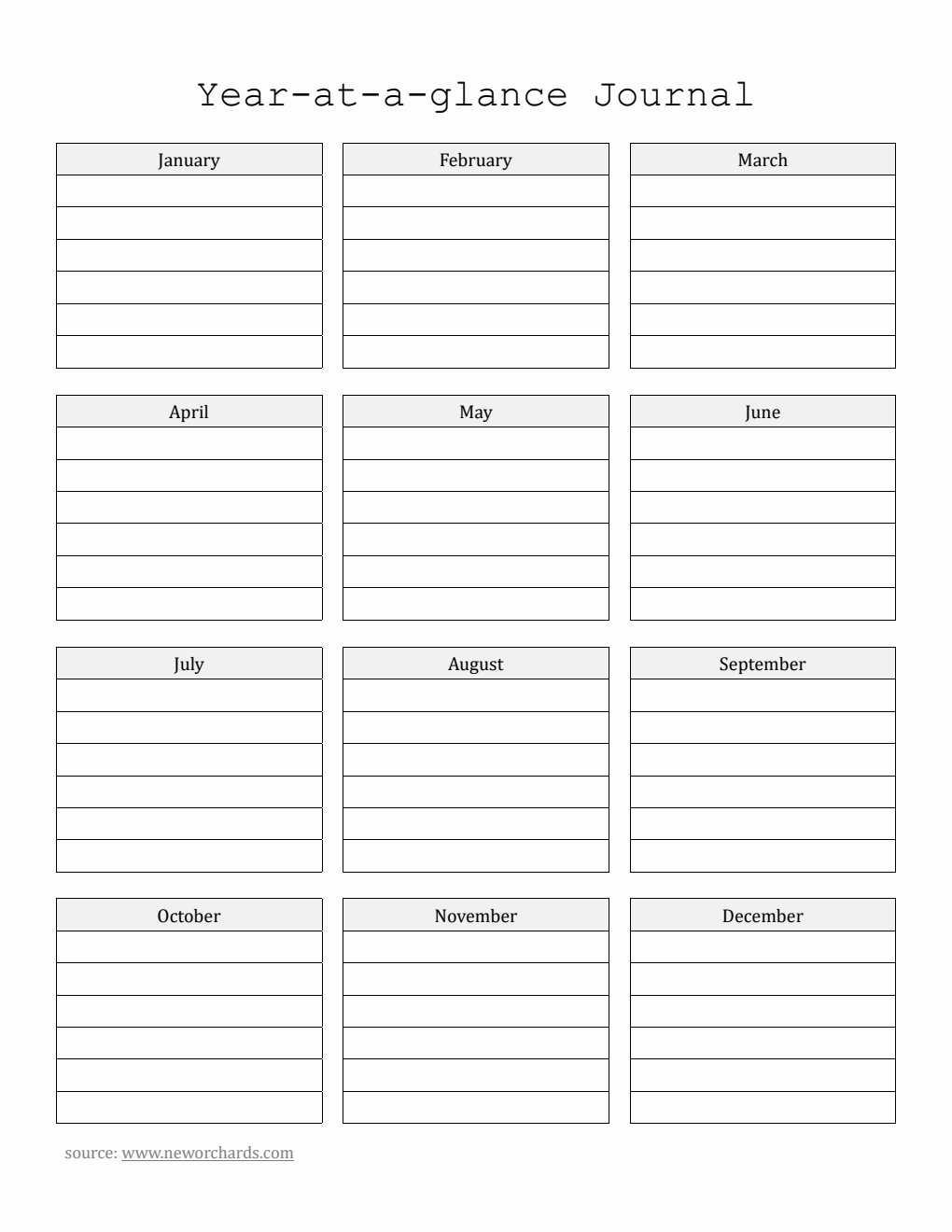 Simple Year at a Glance Template in PDF