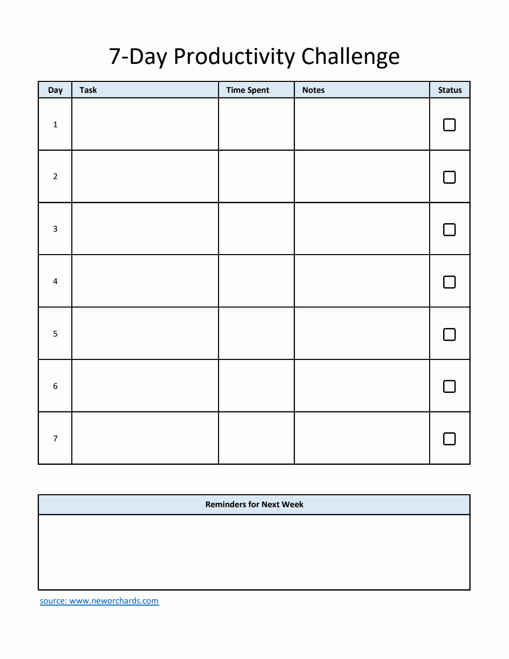 7-Day Productivity Challenge Template (Excel)