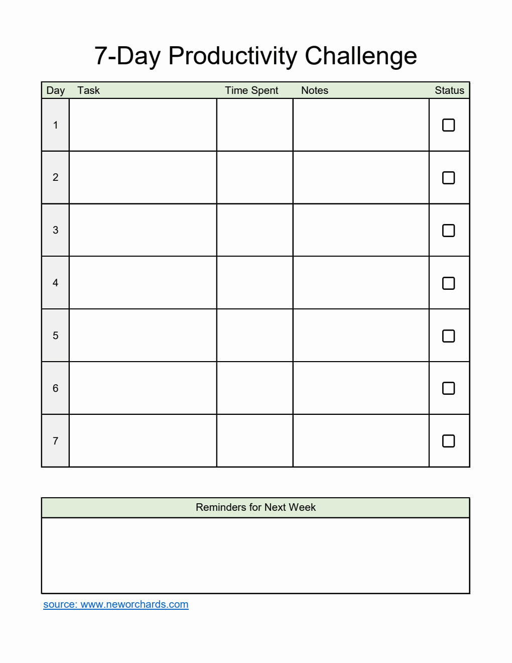 Printable 7-Day Productivity Challenge Template (Excel)