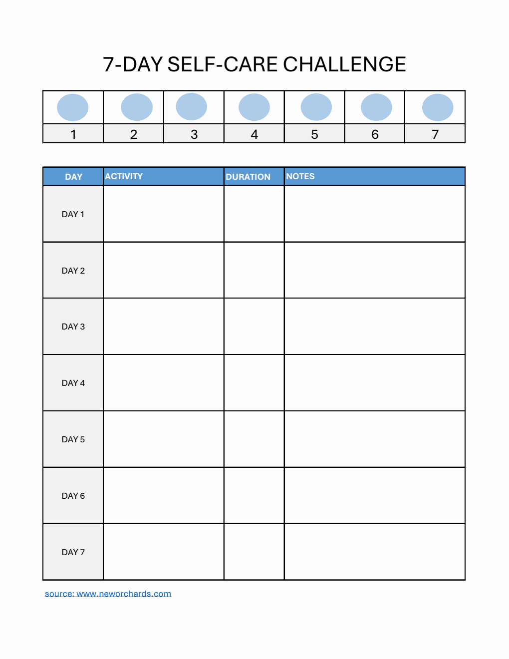 7-Day Self-Care Challenge Template (Excel)
