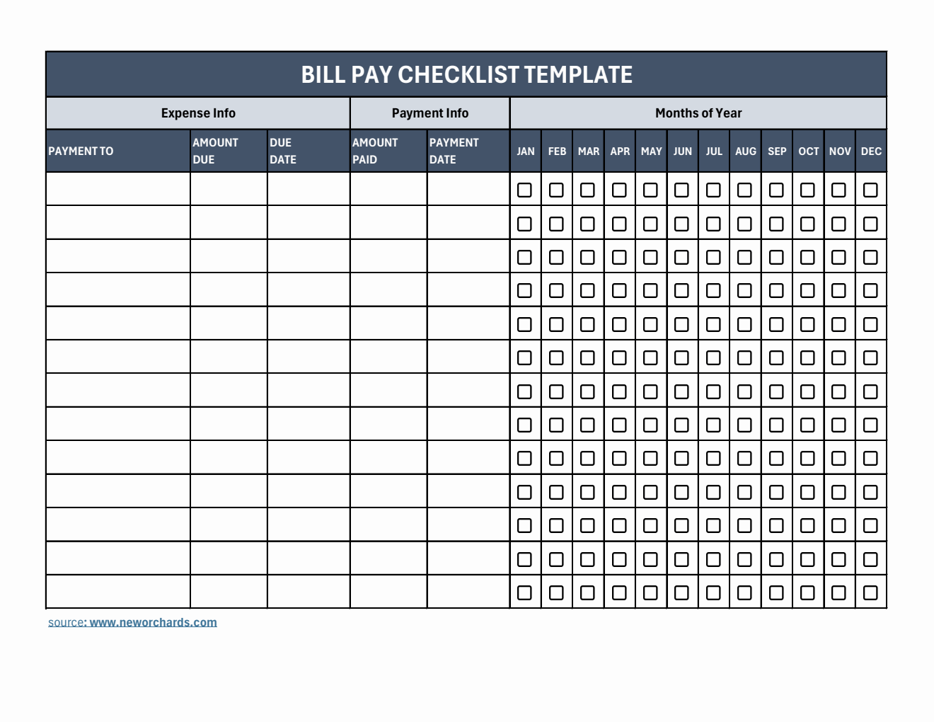 Bill Pay Checklist Template in Excel