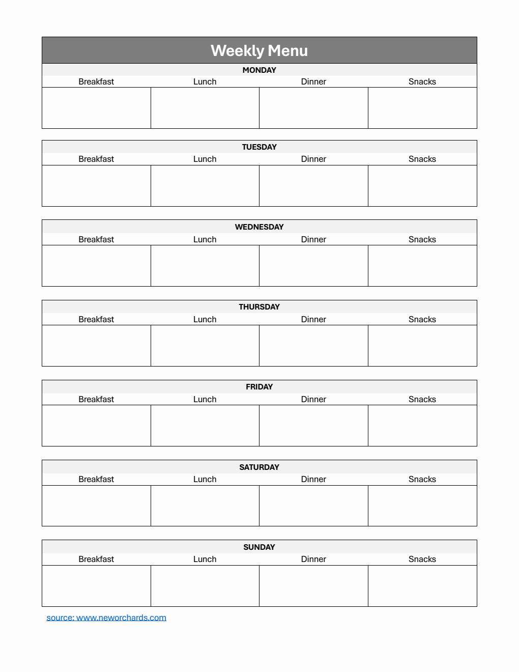 Weekly Menu Template | Free Download in Word (Basic)