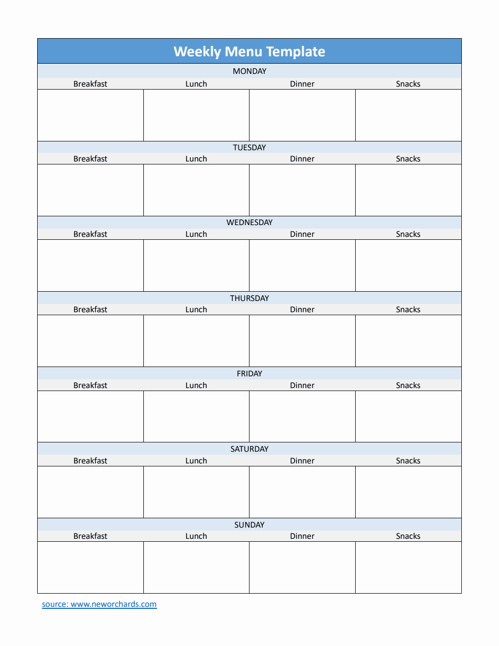 Weekly Menu Template | Free Download in Word (Blue)