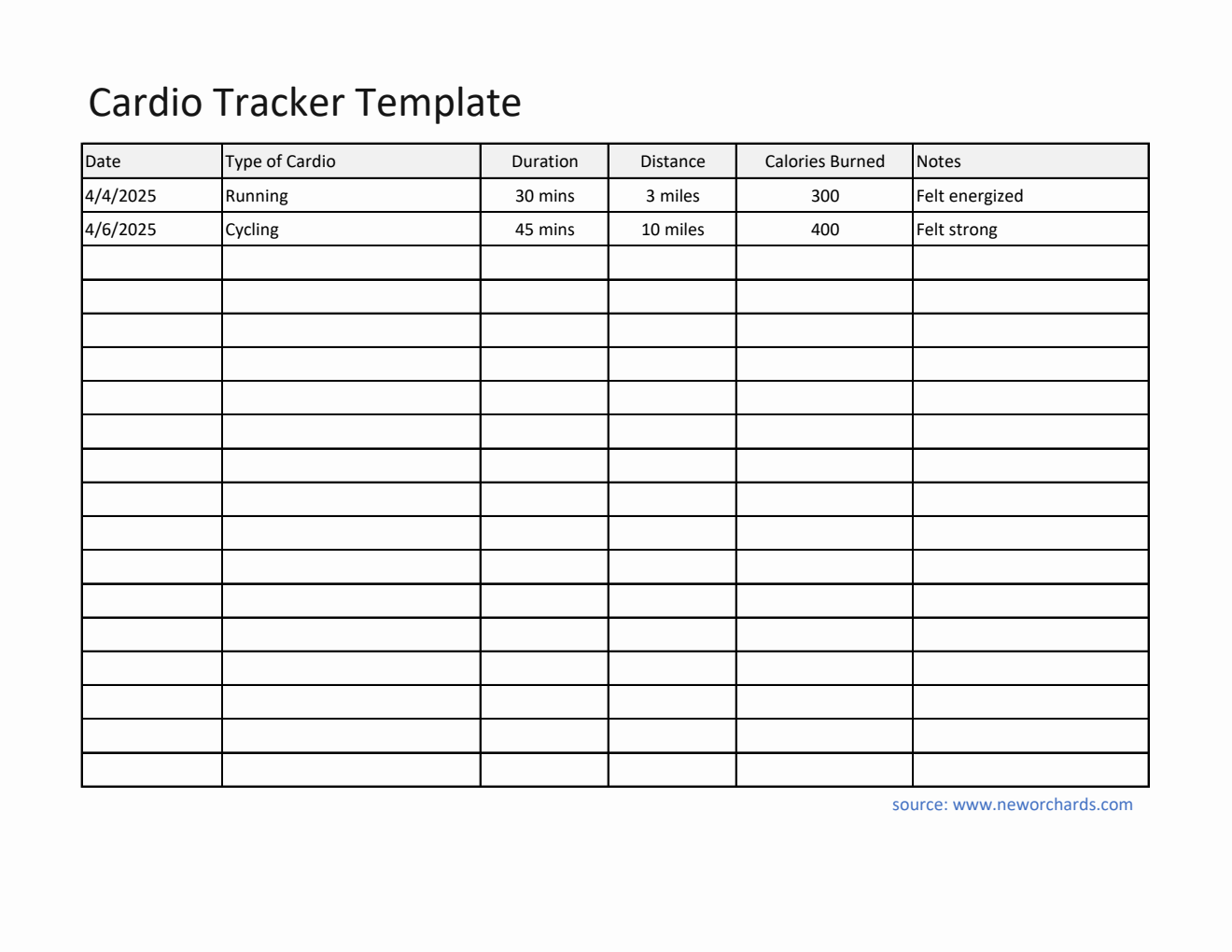 Printable Cardio Tracker in Excel