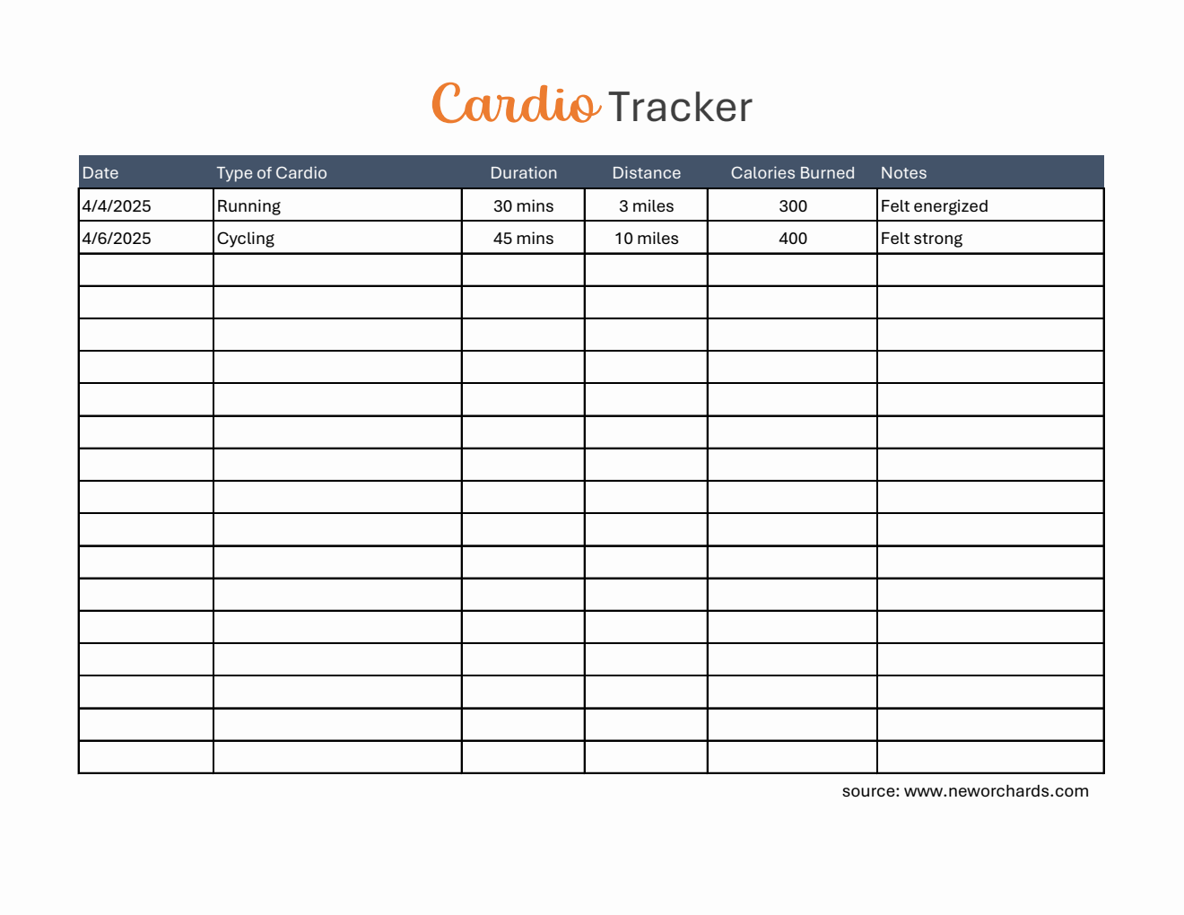 Editable Cardio Tracker in Excel