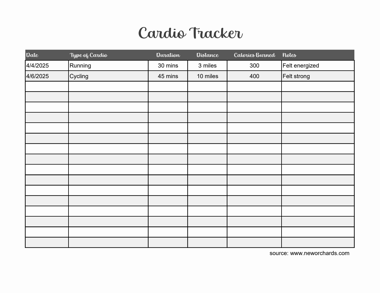 Basic Cardio Tracker in Excel