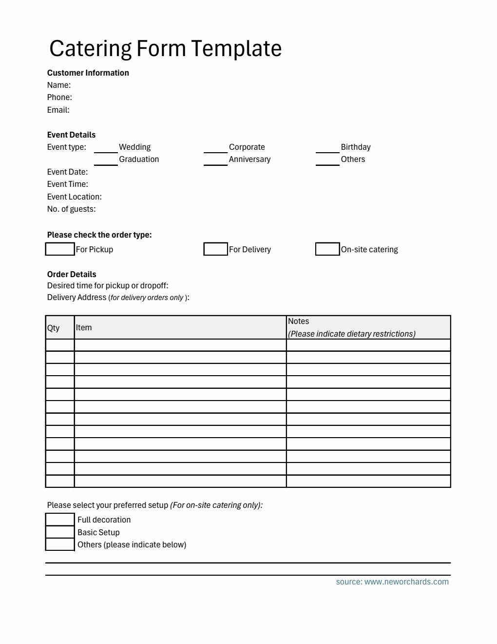  Catering Order Form in Excel Format