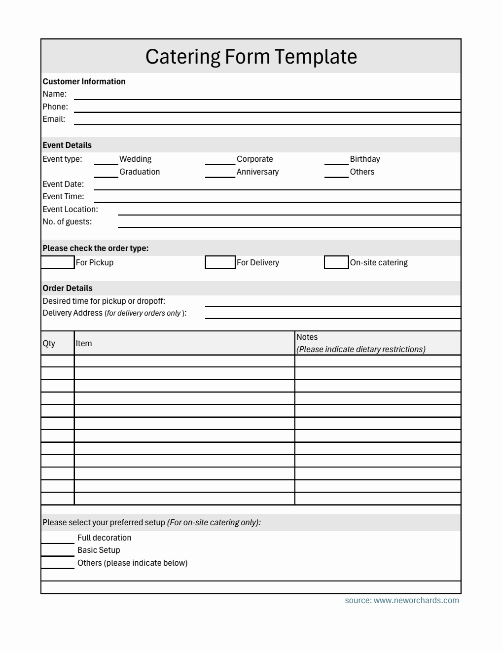 Simple Catering Order Form in Excel Format