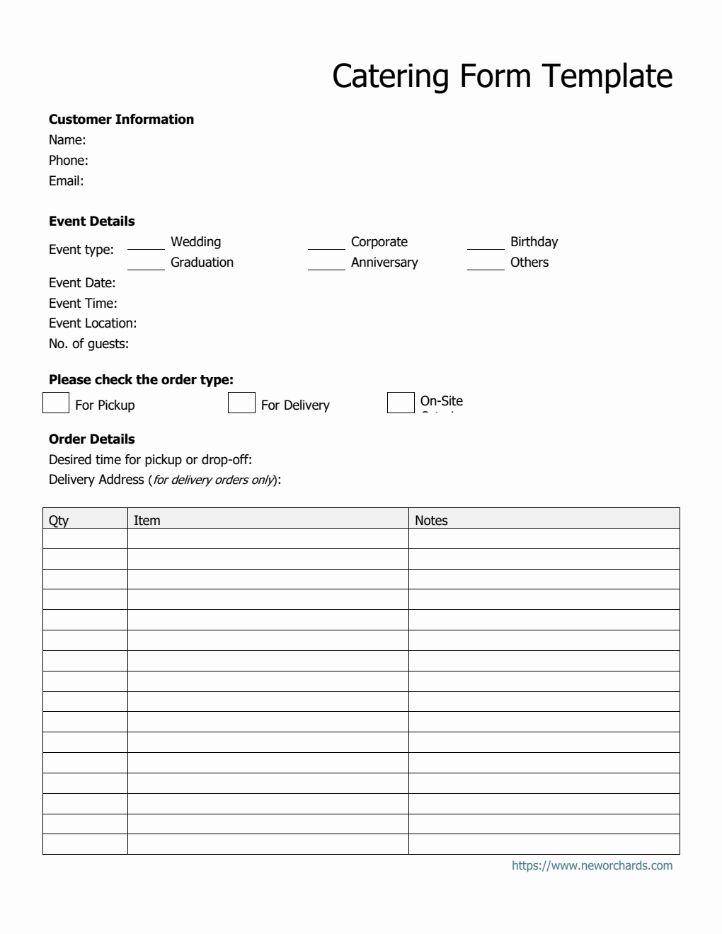 Printable Catering Order Form in Word Format