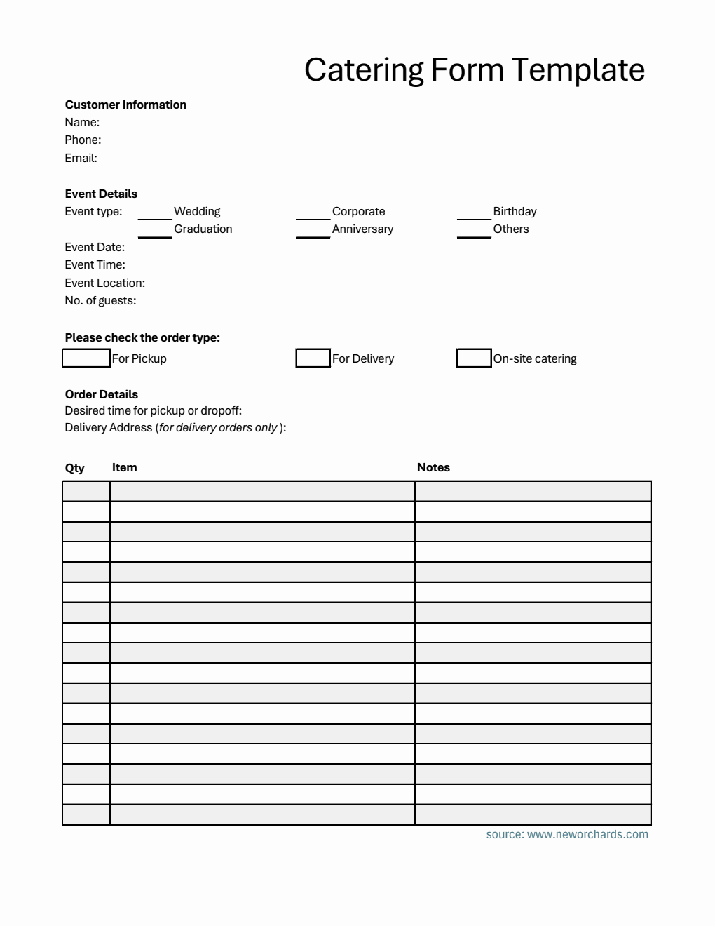 Editable Catering Order Form in Excel Format