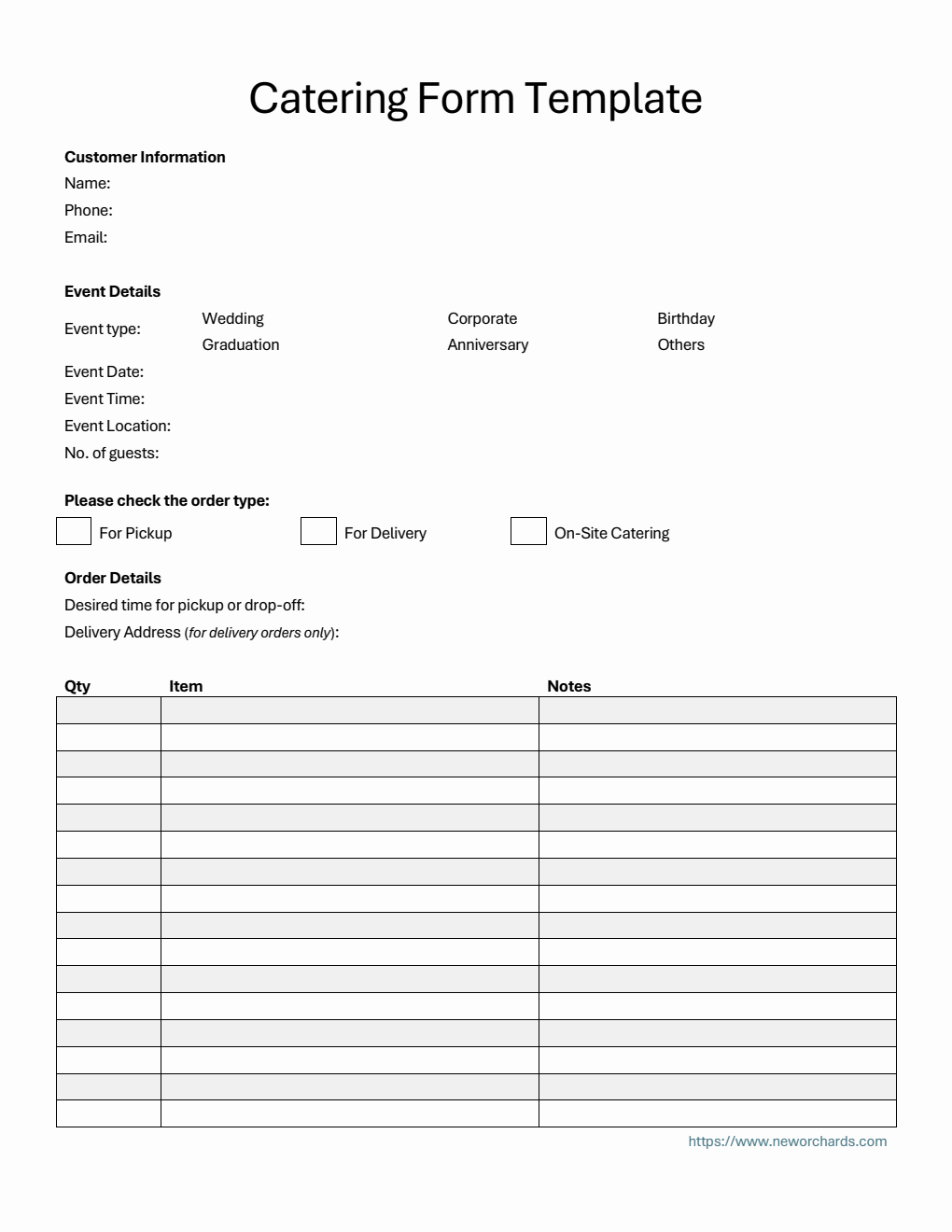 Editable Catering Order Form in Word Format