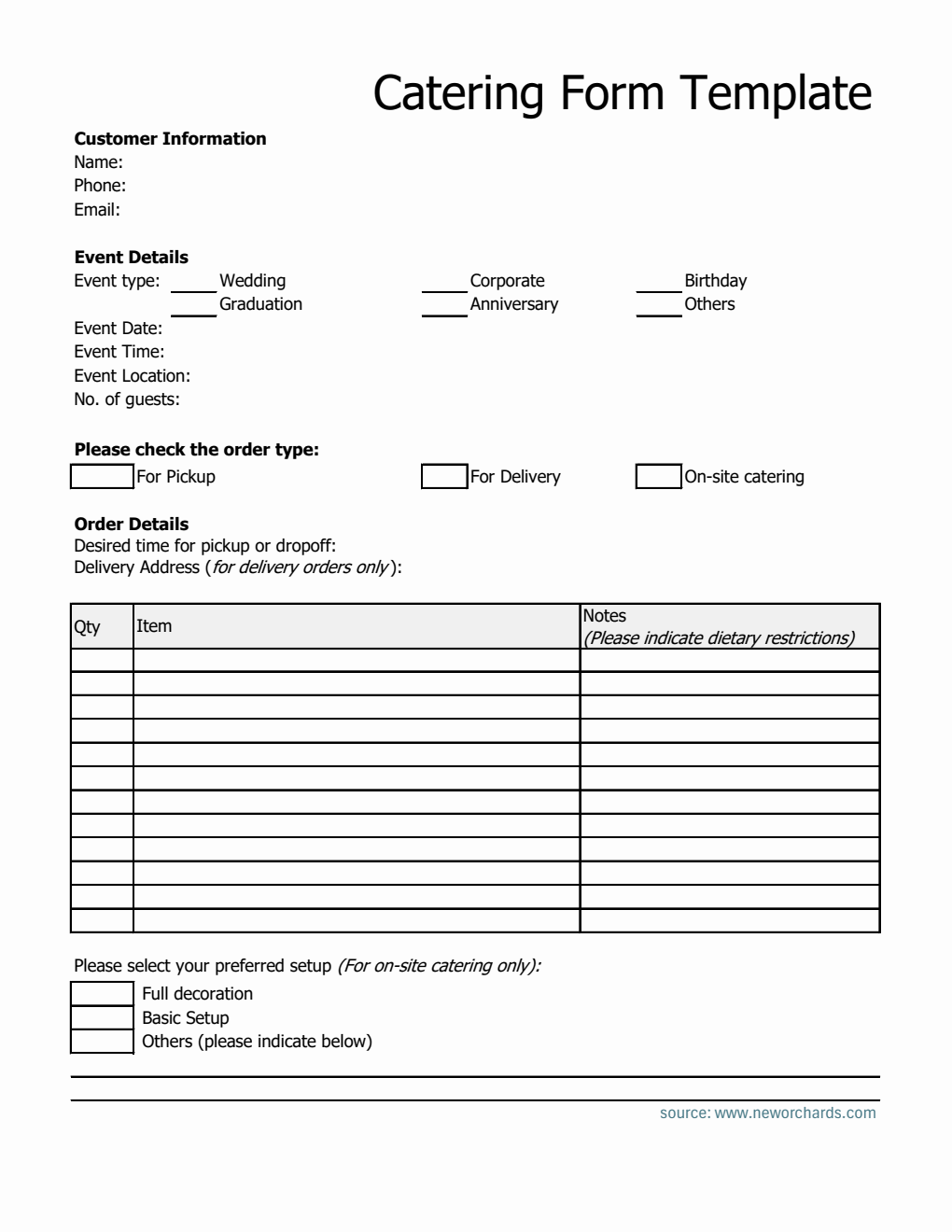 Printable Catering Order Form in Excel Format