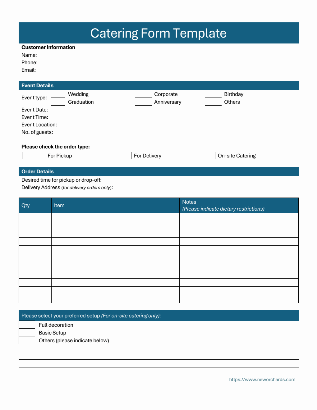 Basic Catering Order Form in Word Format