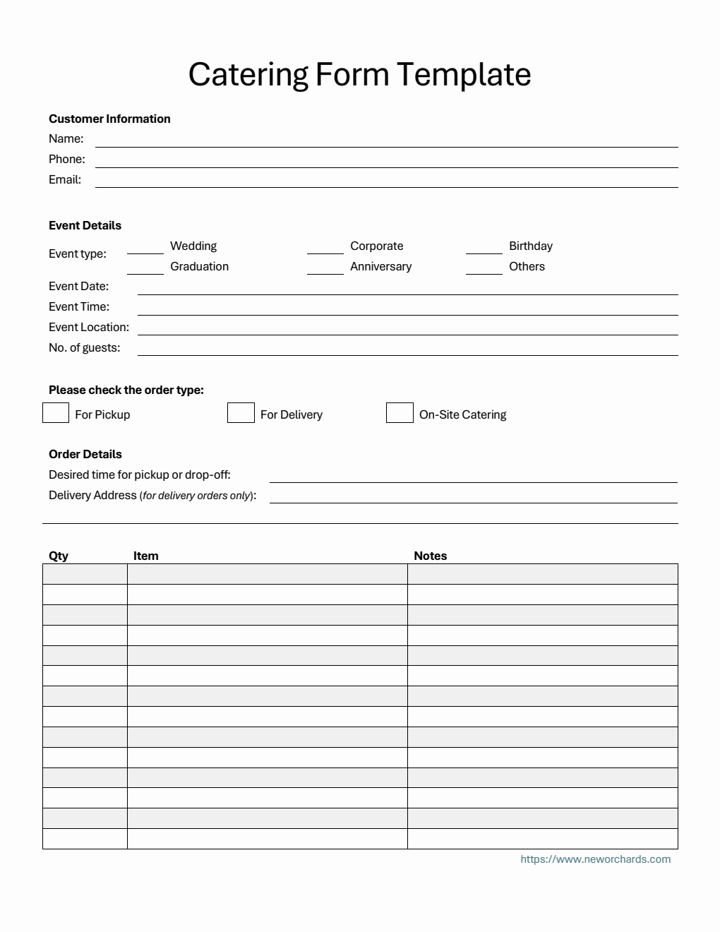 Downloadable Catering Order Form in Word Format