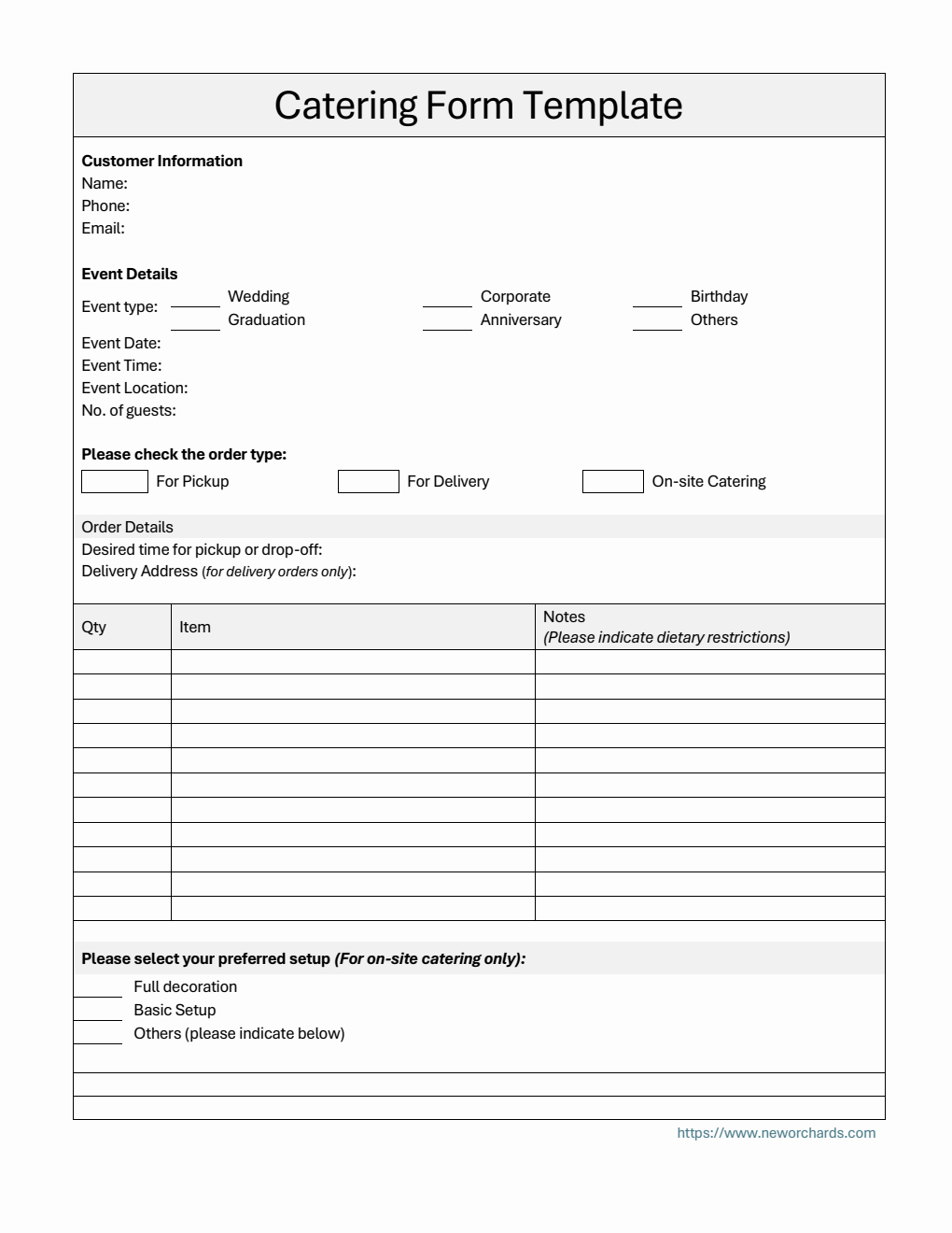 Simple Catering Order Form in Word Format