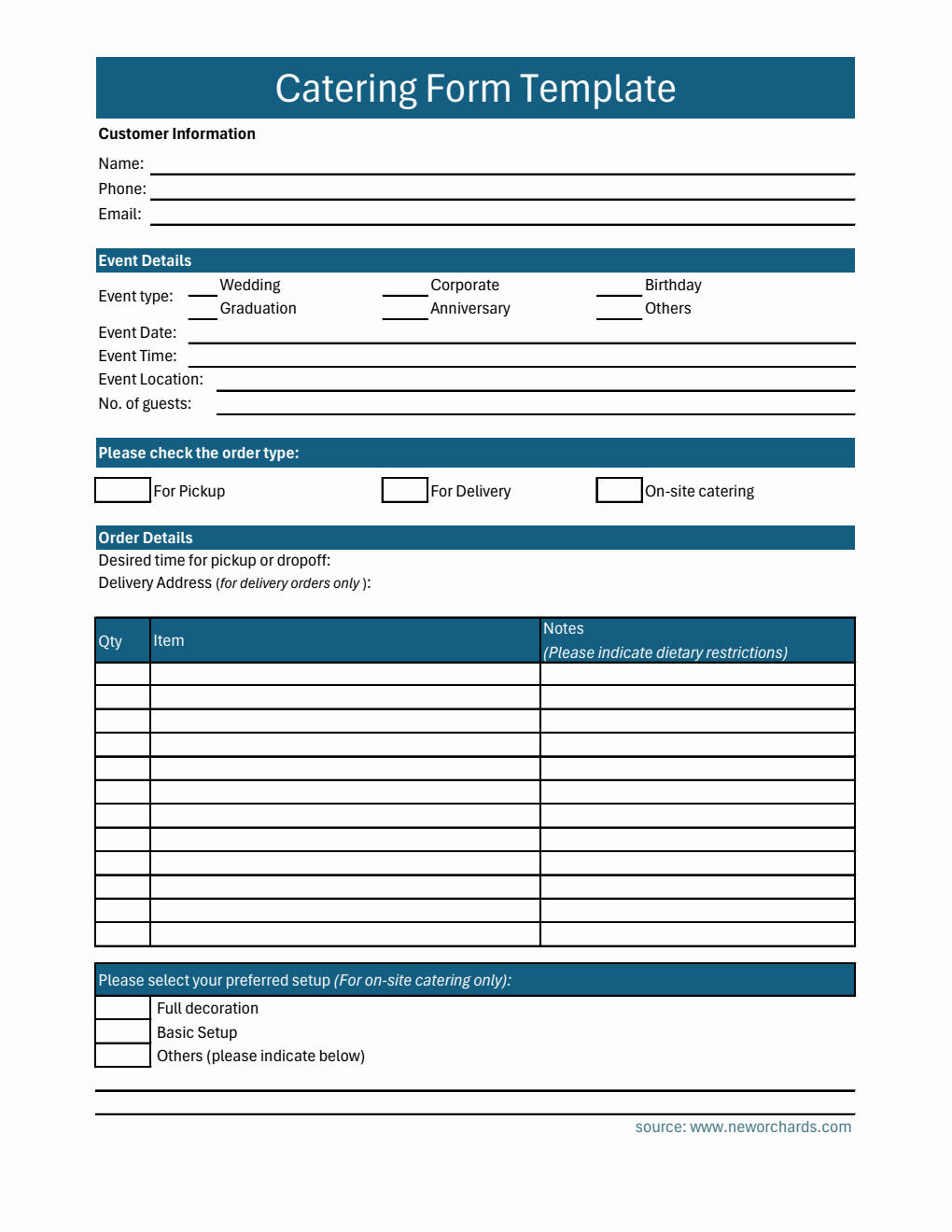 Basic Catering Order Form in Excel Format