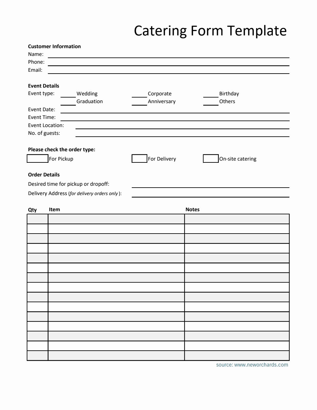 Downloadable Catering Order Form in Excel Format