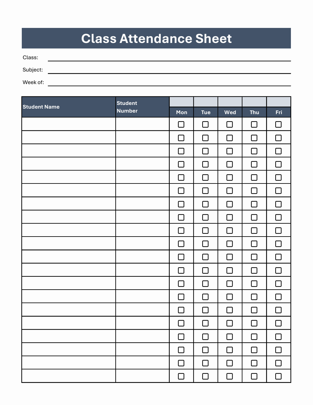 Customizable Class Attendance Sheet with Student Number in Excel