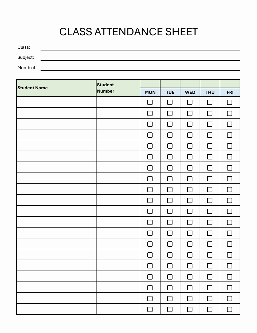 Class Attendance Sheet with Student Number in Excel