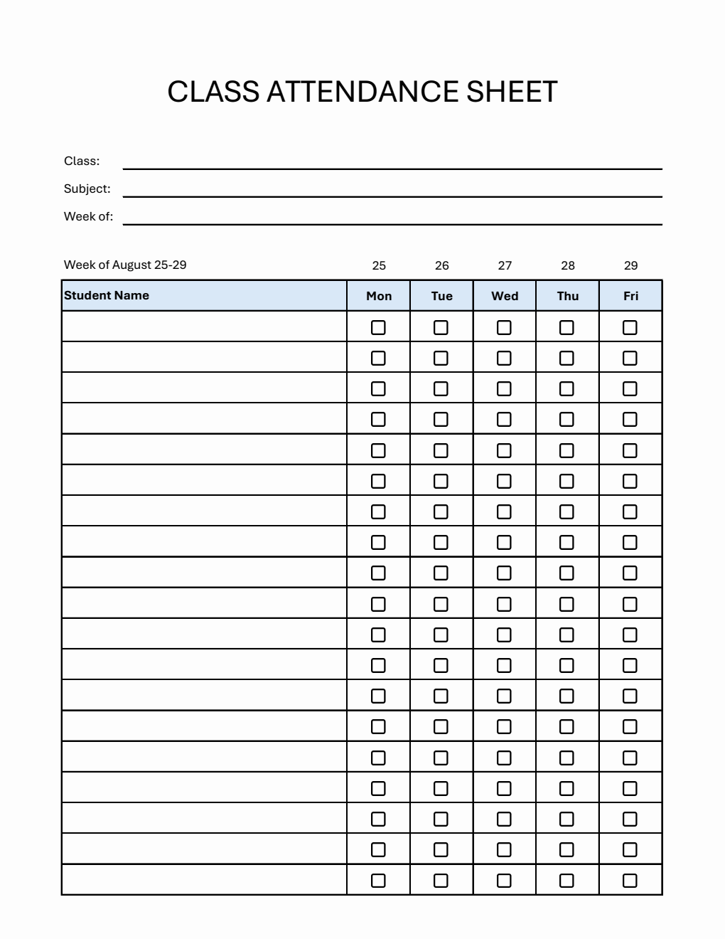 Weekly Class Attendance Sheet | Free Download in Excel