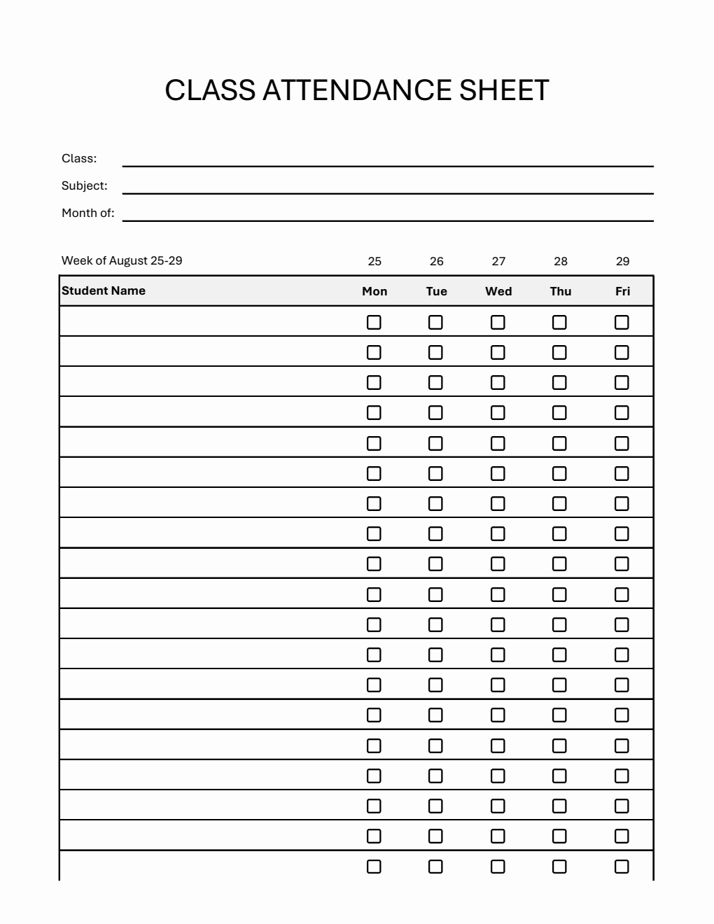 Printable Weekly Class Attendance Sheet | Free Download in Excel